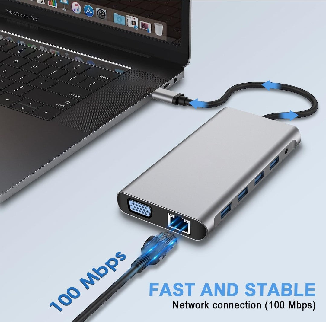 USB C HUB, 12 in 1 USB C Adapter Docking Station mit 4K-HDMI, VGA, 3*USB 2.0, USB3.0, USB C Data, PD3.0, Ethernet RJ45 Port, SD/TF, 3.5mm AUX, Kompatibel für MacBook Pro/Air, Mehr Type C Geräte