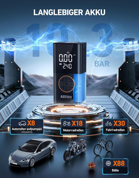 AstroAI Kabelloser Elektrische Luftpumpe, Tragbare Akku Fahrradpumpe mit alle ventile, LED-Licht, Wiederaufladbare Reifenpumpe für Fahrrad, E-Bike, Auto, Motorrad, Bälle