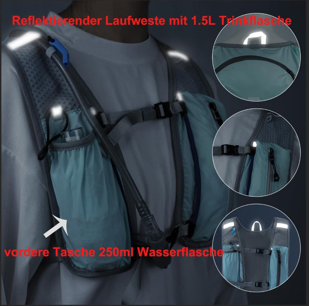 Laufweste Damen und Herren, verstellbare Laufweste mit 1500ml Trinkflasche, 5L Running Vest Reflektierende Trinkrucksack mit Handyhalterung, geeignet für Outdoor Läufe,Jogging,Wanderungen, Radfahren