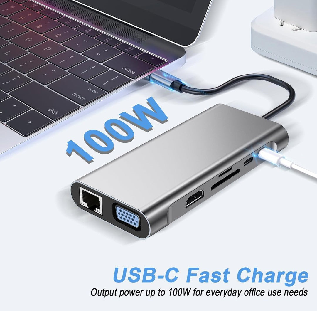 USB C HUB, 12 in 1 USB C Adapter Docking Station mit 4K-HDMI, VGA, 3*USB 2.0, USB3.0, USB C Data, PD3.0, Ethernet RJ45 Port, SD/TF, 3.5mm AUX, Kompatibel für MacBook Pro/Air, Mehr Type C Geräte