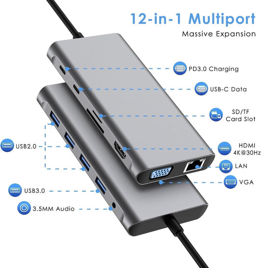 USB C HUB, 12 in 1 USB C Adapter Docking Station mit 4K-HDMI, VGA, 3*USB 2.0, USB3.0, USB C Data, PD3.0, Ethernet RJ45 Port, SD/TF, 3.5mm AUX, Kompatibel für MacBook Pro/Air, Mehr Type C Geräte