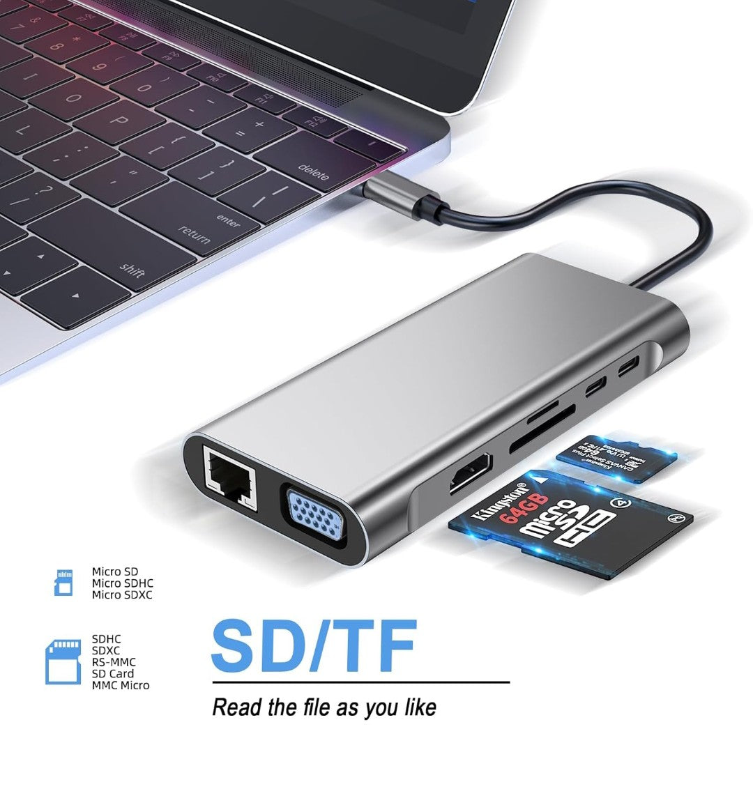 USB C HUB, 12 in 1 USB C Adapter Docking Station mit 4K-HDMI, VGA, 3*USB 2.0, USB3.0, USB C Data, PD3.0, Ethernet RJ45 Port, SD/TF, 3.5mm AUX, Kompatibel für MacBook Pro/Air, Mehr Type C Geräte