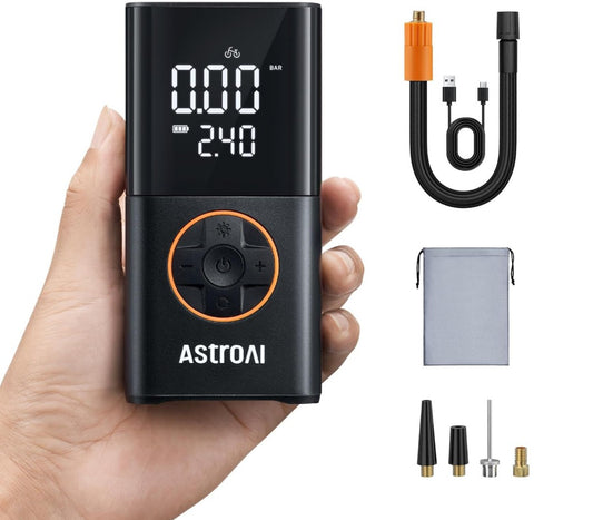 AstroAI Kabelloser Elektrische Luftpumpe, Tragbare Akku Fahrradpumpe mit alle ventile, LED-Licht, Wiederaufladbare Reifenpumpe für Fahrrad, E-Bike, Auto, Motorrad, Bälle