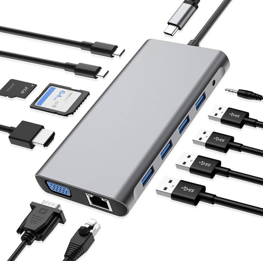 USB C HUB, 12 in 1 USB C Adapter Docking Station mit 4K-HDMI, VGA, 3*USB 2.0, USB3.0, USB C Data, PD3.0, Ethernet RJ45 Port, SD/TF, 3.5mm AUX, Kompatibel für MacBook Pro/Air, Mehr Type C Geräte
